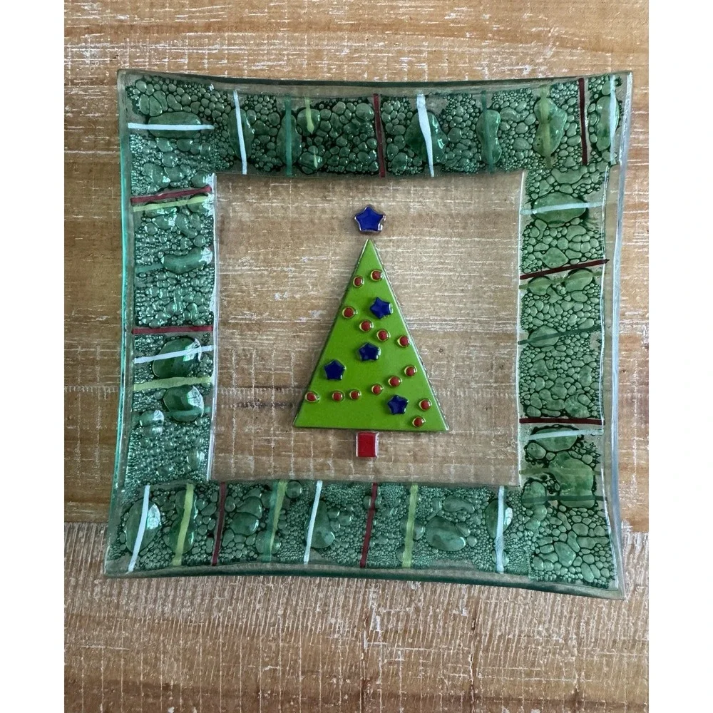 Set Of 3 Gorham Fused Glass Christmas Tree Square 6